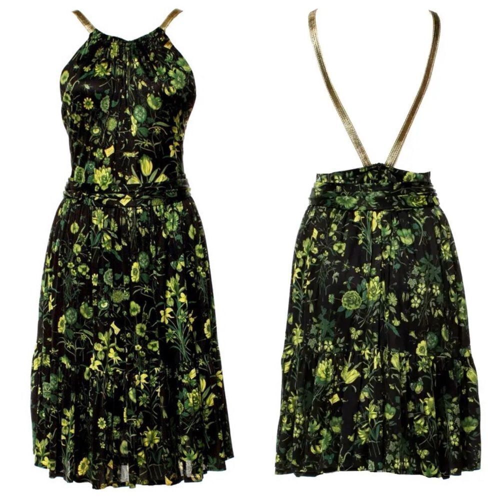 Gucci Resort Floral Logo Print Metallic Leather Criss Cross Strap Halter Dress